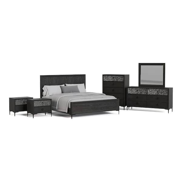 Jolt 6-Piece Espresso Wood King Bedroom Set with Dented Stainless Steel Accents