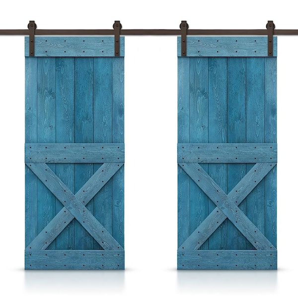 CALHOME 76 in. x 84 in. Mini X Series Ocean Blue Stained DIY Solid Pine Wood Interior Double Sliding Barn Door With Hardware Kit
