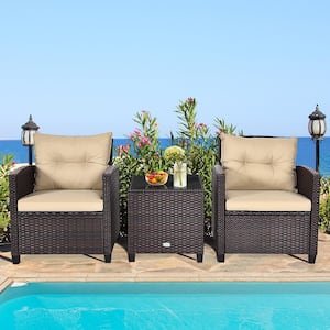 Brown 3-Pieces Wicker Patio Conversation Set Outdoor Rattan Furniture with Beige Cushions