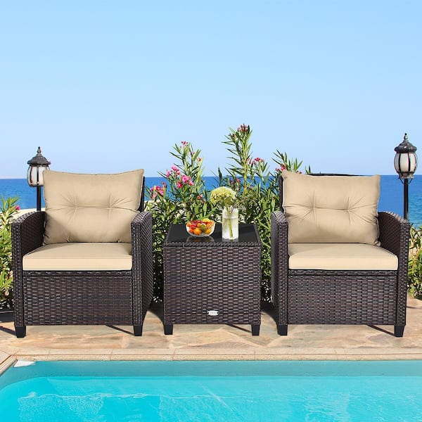 Brown 3-Pieces Wicker Patio Conversation Set Outdoor Rattan Furniture with Beige Cushions