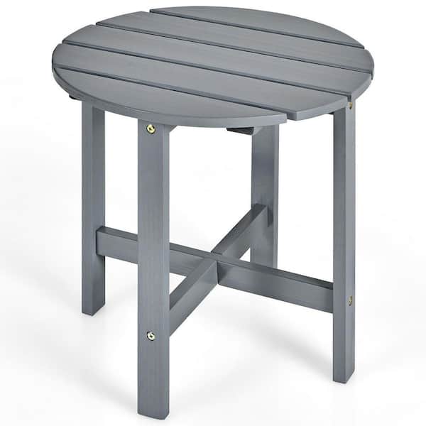 ANGELES HOME Wooden Outdoor Round Side Slat End Coffee Table for Garden-Gray