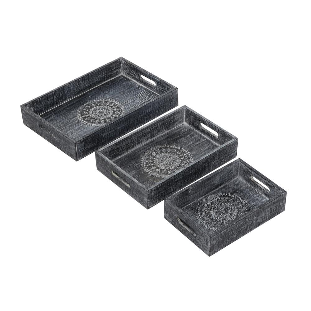 Black Wood Intricate Carved Floral Decorative Tray Set
