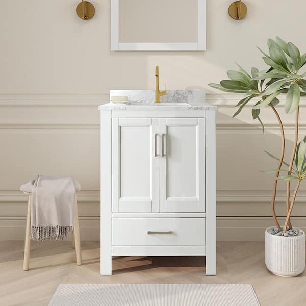 SJ STAR&JANE Thera 24 in. W x 22 in. D x 34 in. H Bath Vanity in White with Carrara Marble Top with Basin