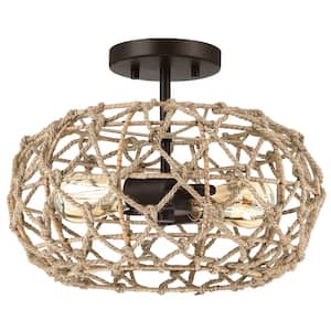 Trellis 14 in. 2-Light Rustic Jute Rope Semi Flush Mount Light with Brown Canopy