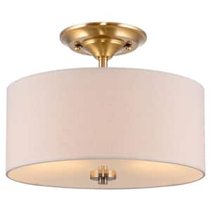 Addison 13 in 60-Watt 2-Light Cool Brass Modern Semi-Flush with Off-White Shade, No Bulb Included