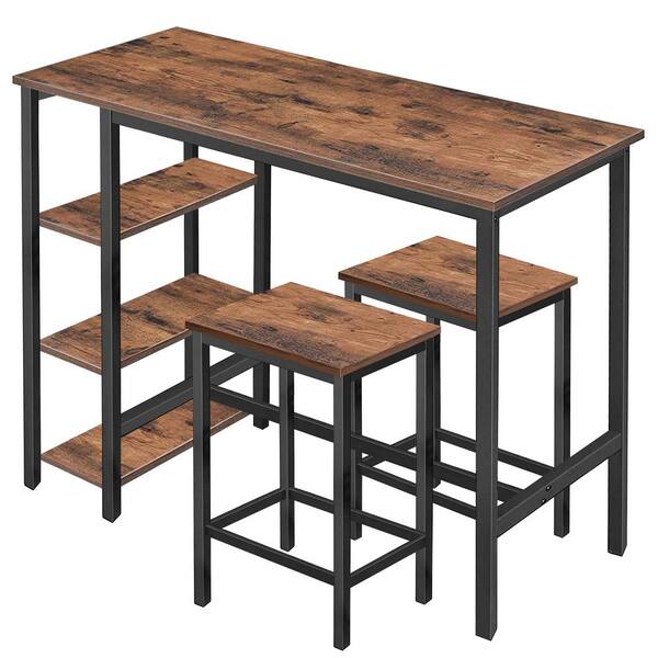 3 Piece Industrial Brown Bar Table Set, Kitchen Bar Table And Stools