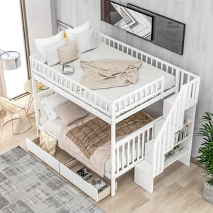 White Full Over Full Bunk Bed with 2-Drawers and Storage