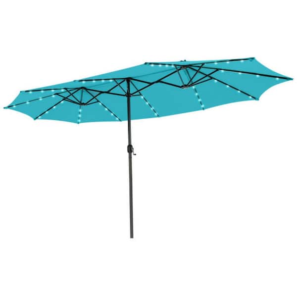 WELLFOR 15 ft. Market Patio Umbrella in Turquoise with LED Light Double-Side Solar Outdoor Umbrella with Crank