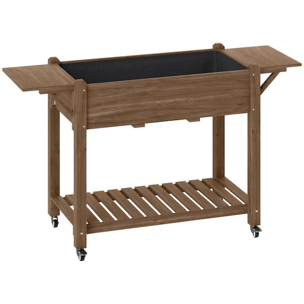 Outsunny 37 in. x 18.1 in. x 7.1 in. Raised Garden Bed, Wood Planter Box with Wheels, Side Tables and Bottom Shelf, Carbonized