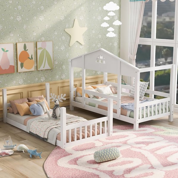 ANBAZAR White Detachable Twin House Bunk Bed with Slide and Ladder