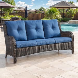 3-Seat Brown PE Wicker Outdoor Couch with Blue Cushions