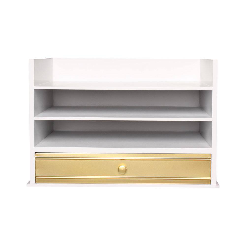 White and Gold Wood Letter Tray with Drawer