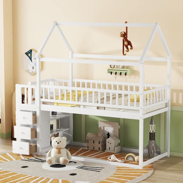 Qualler White Twin Size Bunk Bed with Drawers and Shelves