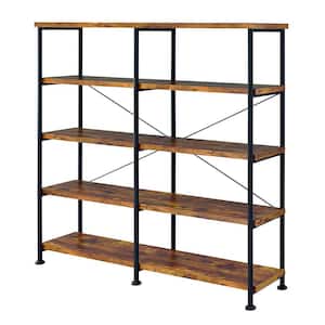 60 in. Wide Brown and Black 4 Tier Shelf Bookshelf with Metal Frame