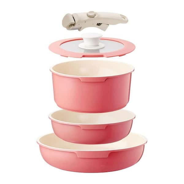 Aluminum 5-Piece Ceramic Nonstick Cookware Set with Detachable Handle, Pink, Induction, PFAS PFOA Free
