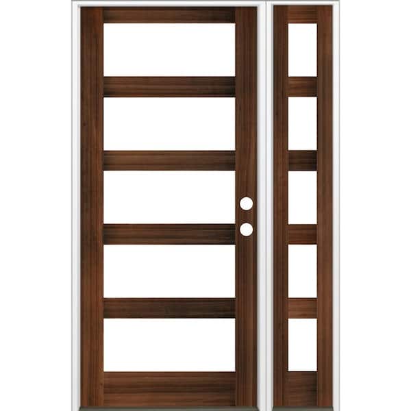 Krosswood Doors 56 in. x 96 in. Modern Hemlock Left-Hand/Inswing 5-Lite Clear Glass Red Mahogany Stain Wood Prehung Front Door