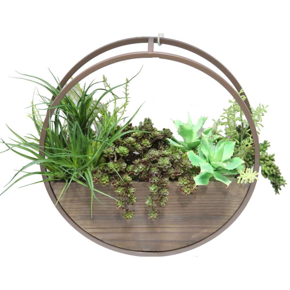 Set of 2 Round Brown Wood and Metal Wall Hanging Planters