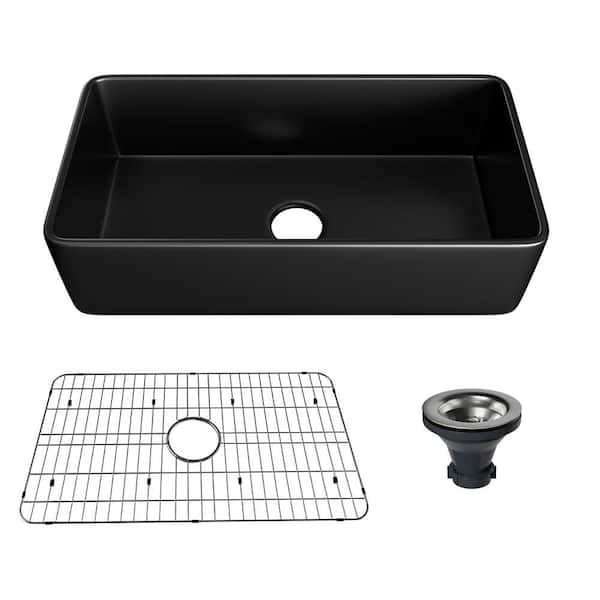 36 in. Farmhouse/Apron-Front Single Bowl Matte Black Fireclay Kitchen Sink with Bottom Grid and Strainer Drain