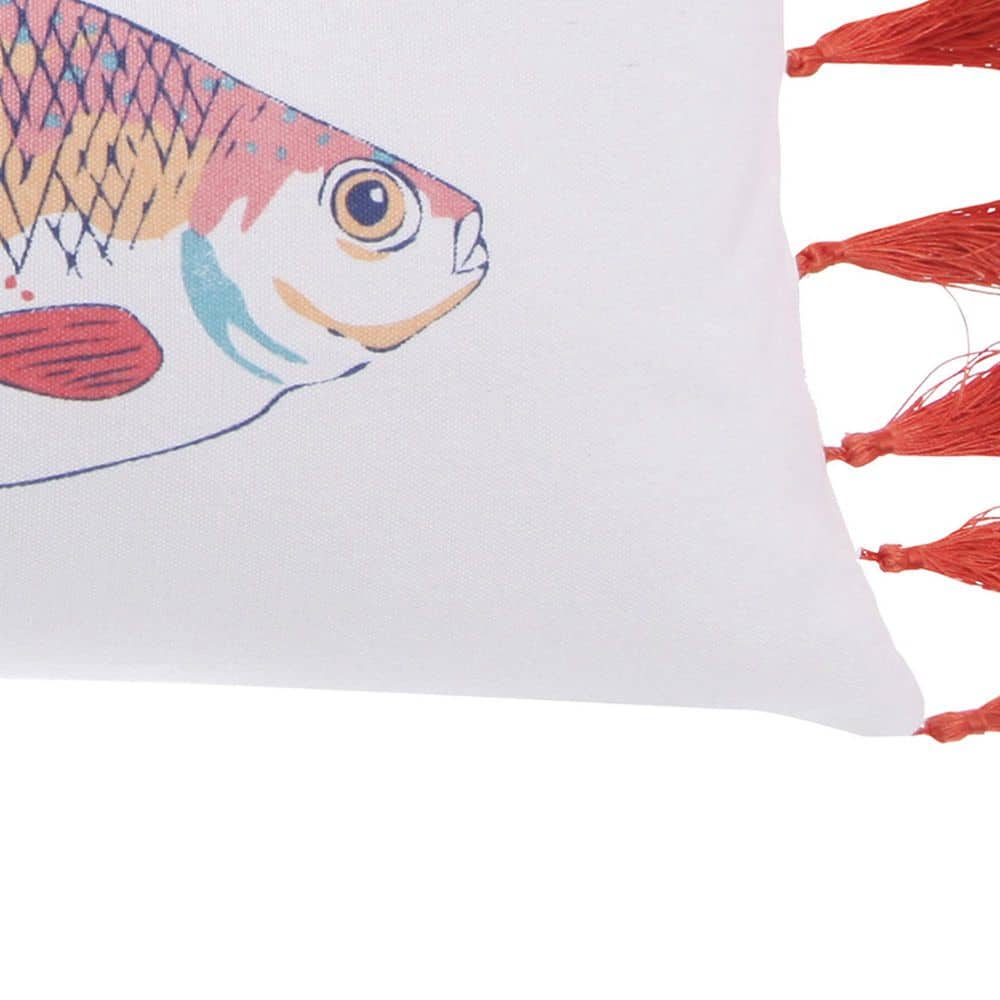 Barrier Reef White Fish Print Pillow with Red Tassels