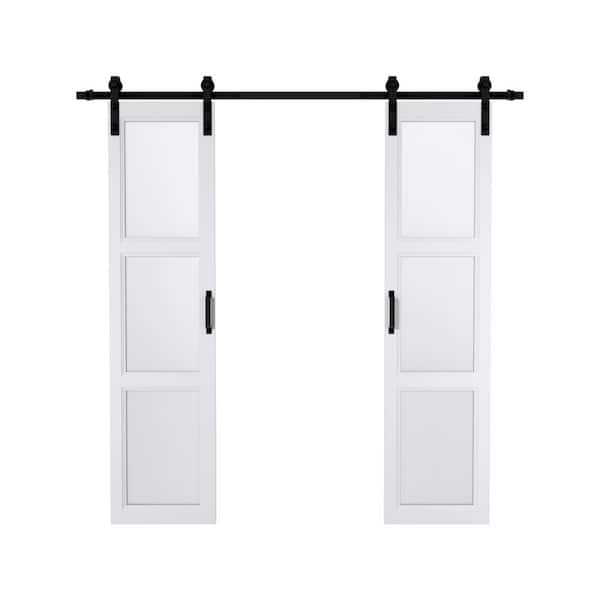 42 in. x 84 in. 3-Lite Frosted Glass White Finished Composie MDF Double Sliding Barn Door with Hardware Kit