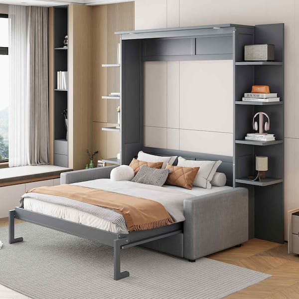Gray Wood Frame Queen Size Murphy Bed with Sofa