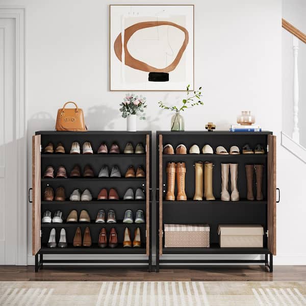 Tribesigns 48.03-in H 3 Tier 24 Pair Oak/Black Engineered Wood Shoe Cabinet | HOGA-NY045