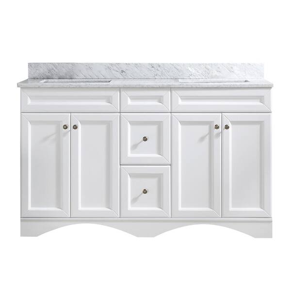 PROOX 60 in. W x 22 in. D Bath Vanity in White with Carrara Marble ...