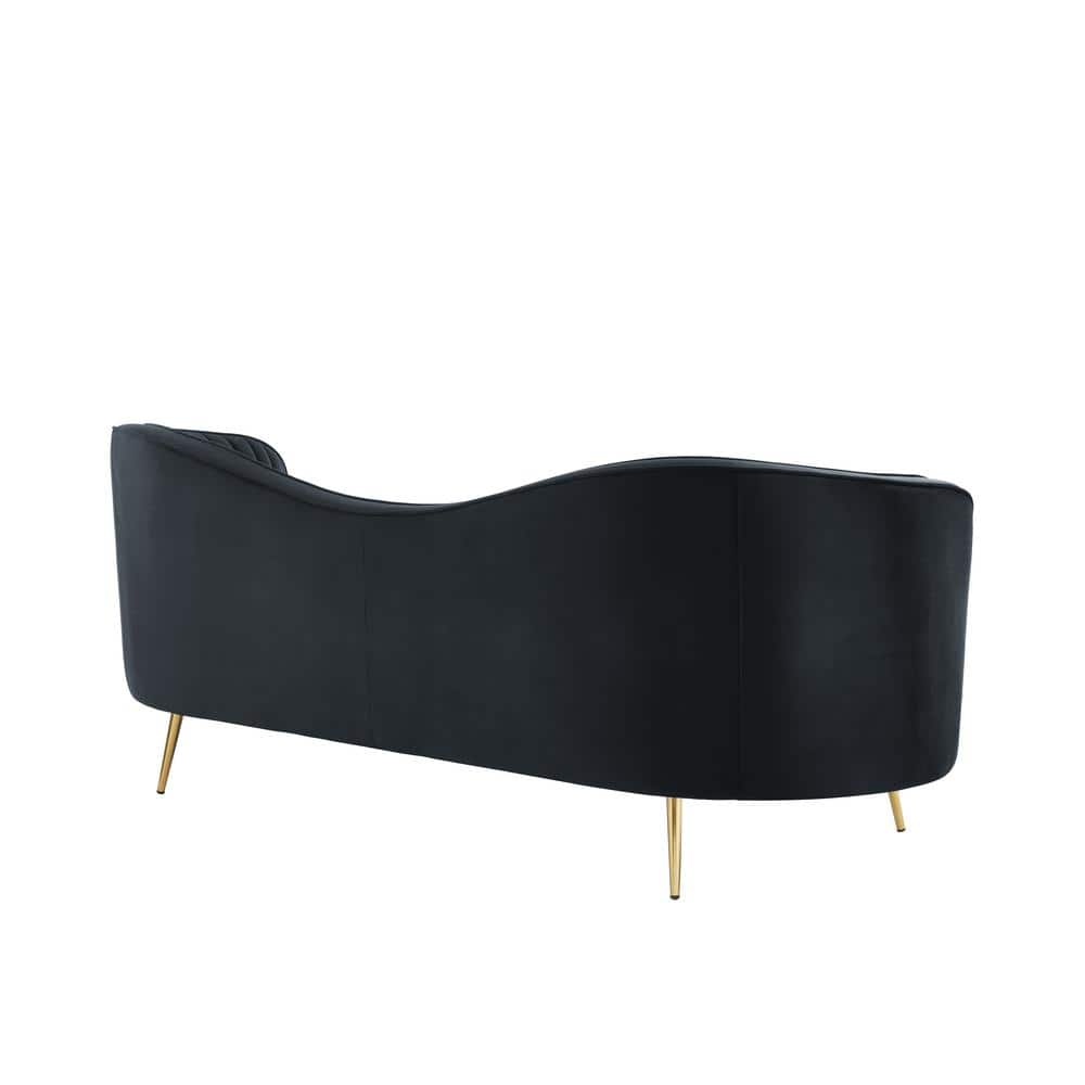 Black Velvet Sloped Arm Camelback 3-Seat Sofa with Wood Frame
