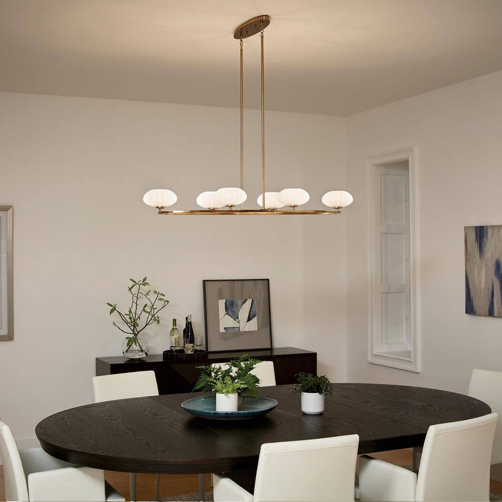 Mid-Century Modern Fox Gold 6-Light Oval Chandelier with Satin Etched Glass