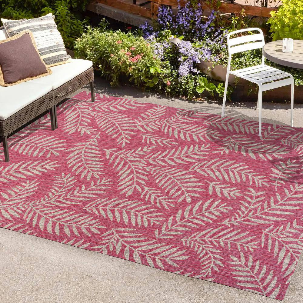 4' x 6' Fuchsia and Light Gray Synthetic Palm Frond Area Rug