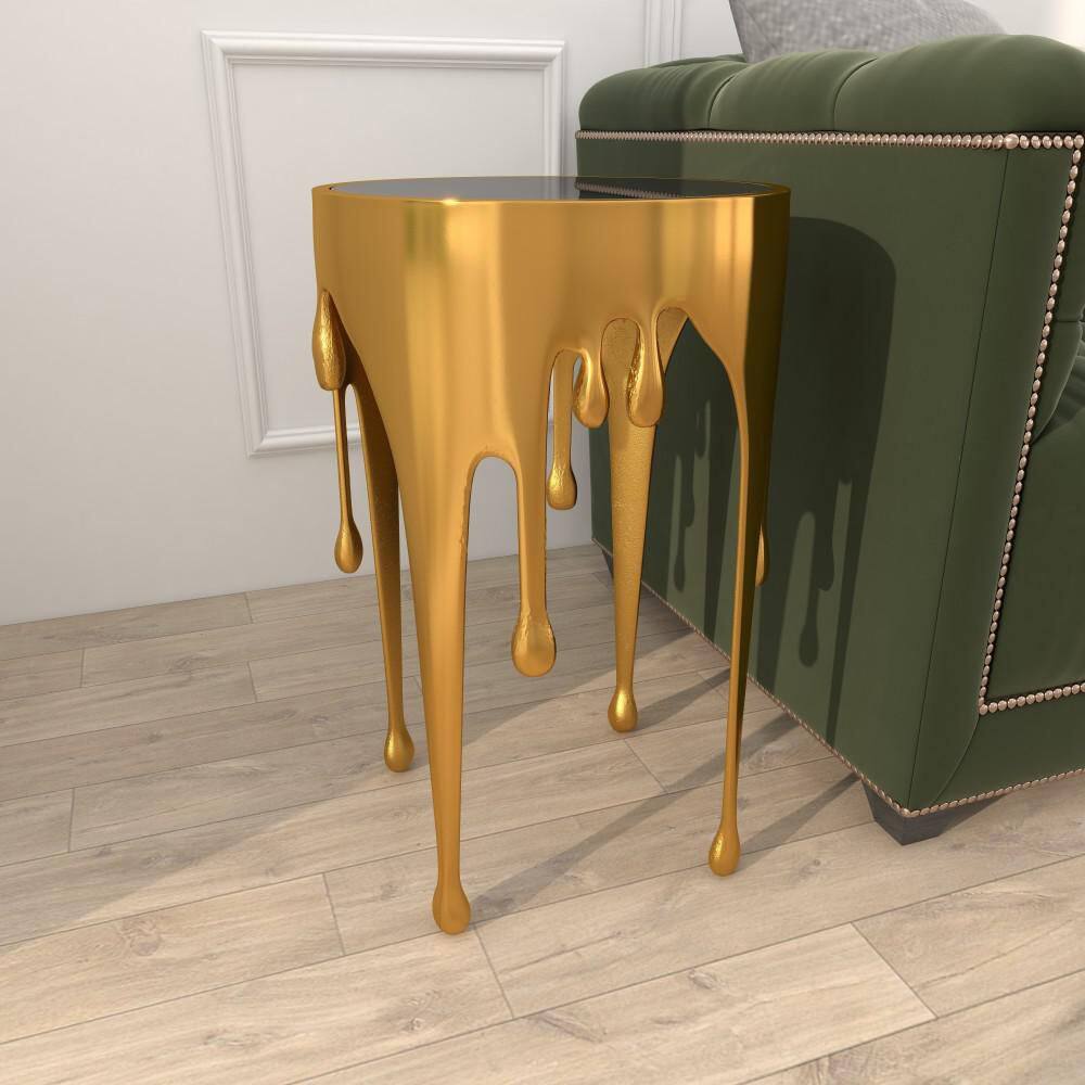 Gold Drip Round Aluminum Accent Table with Glass Top