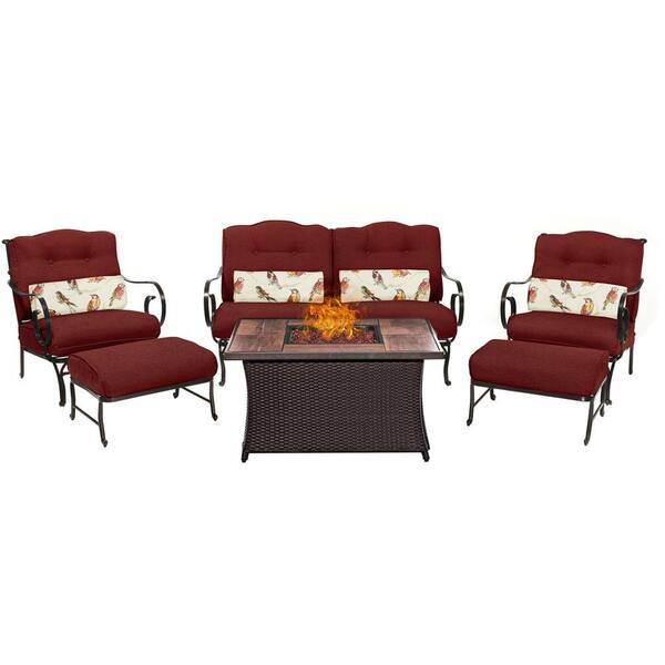 Hanover Oceana 6-Piece Patio Seating Set with Wood Grain-Top Fire Pit and Crimson Red Cushions