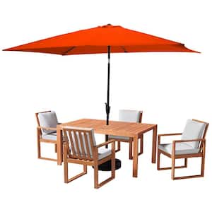 6 Piece Set, Weston Wood Outdoor Dining Table Set with 4 Cushioned Chairs, 10-Foot Rectangular Umbrella Orange
