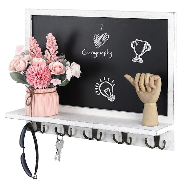 Grey White Wood Wall Mounted Entryway Chalkboard Sign with Display Shelf and 5-Dual Metal Key Hooks