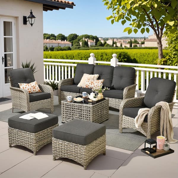 HOOOWOOO Ruby 6-Piece Wicker Outdoor Furniture Patio Conversation Sofa Set with a Solar-LED Coffee Table and Black Cushions