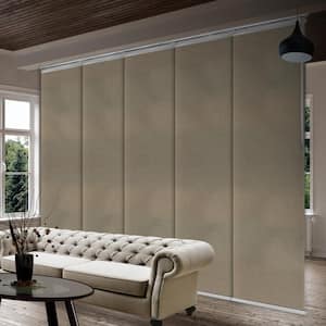 Linen Beige 58 in. - 110 in. W x 94 in. L Adjustable 5- Panel White Single Rail Panel Track with 23.5 in. Slates
