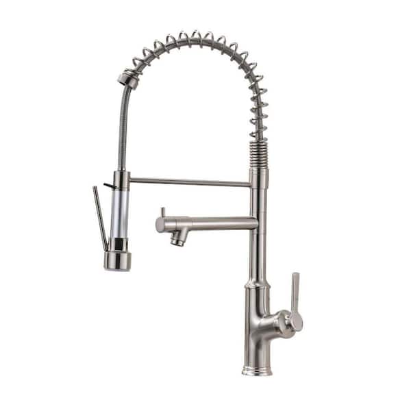 Brushed Nickel 22 in. H Pull Down Sprayer 360 Spout Swivel Kitchen Faucet Single Handle Deck Mounted for Kitchen Sink