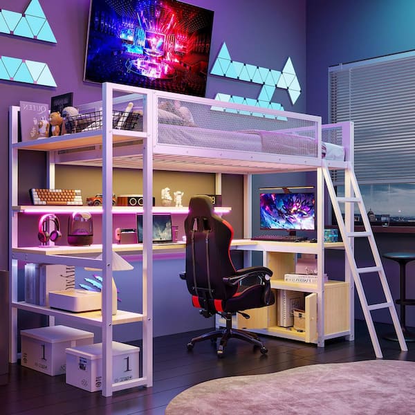 White Twin Size Wood Loft Bed with Built-in Workstation, LED and Multiple Storage