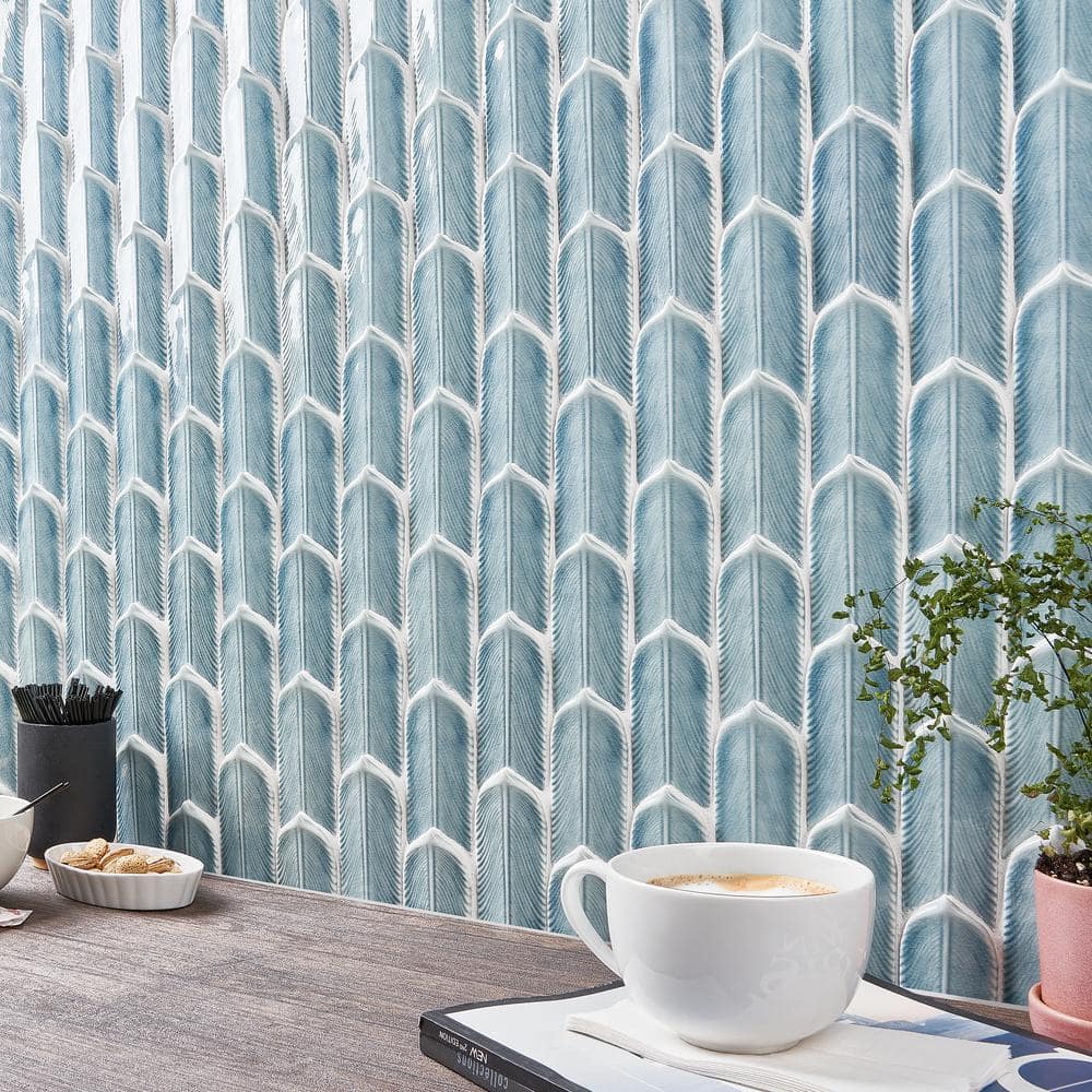 Sky Blue Feather Pattern Ceramic Mosaic Tile