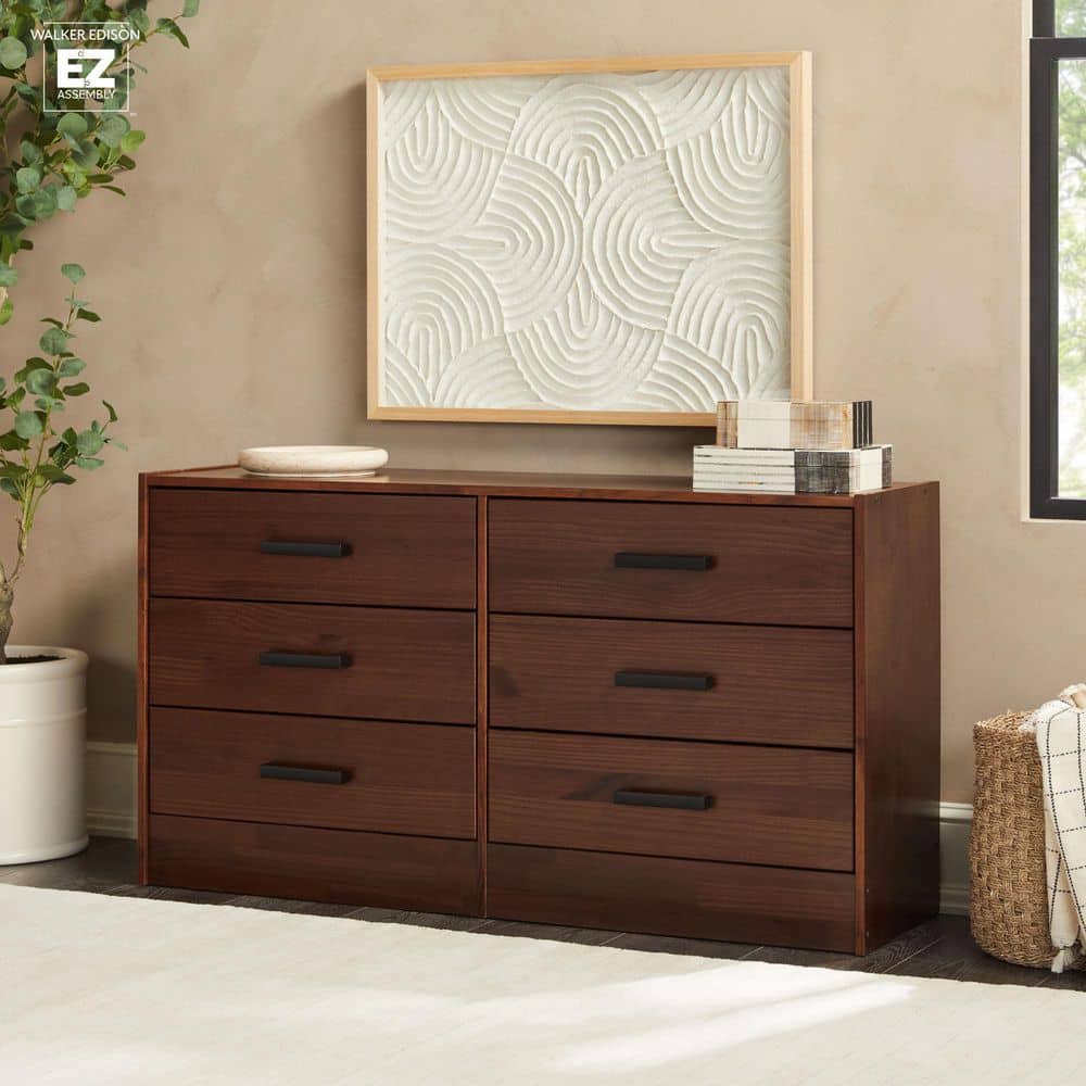 Modern Easy Assembly Walnut Solid Wood 6-Drawer 50 in. Dresser with Handles