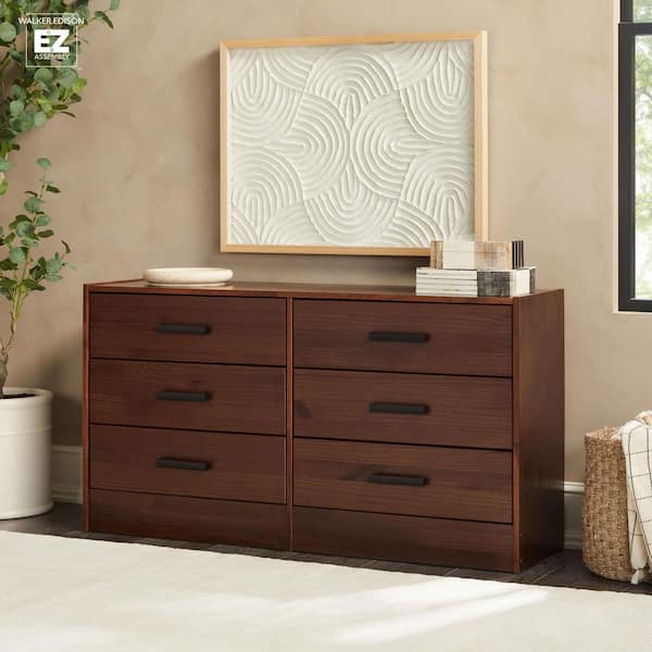 Walker Edison Furniture Company Modern Easy Assembly Walnut Solid Wood 6-Drawer 50 in. Dresser with Handles