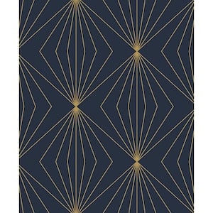 Navy Blue and Metallic Gold Diamond Vector Unpasted Nonwoven Paper Wallpaper Roll 57.5 sq. ft.