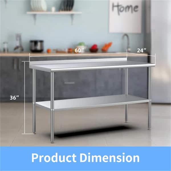 Silver Stainless Steel Table Kitchen Prep Table With Undershelf and Backsplash