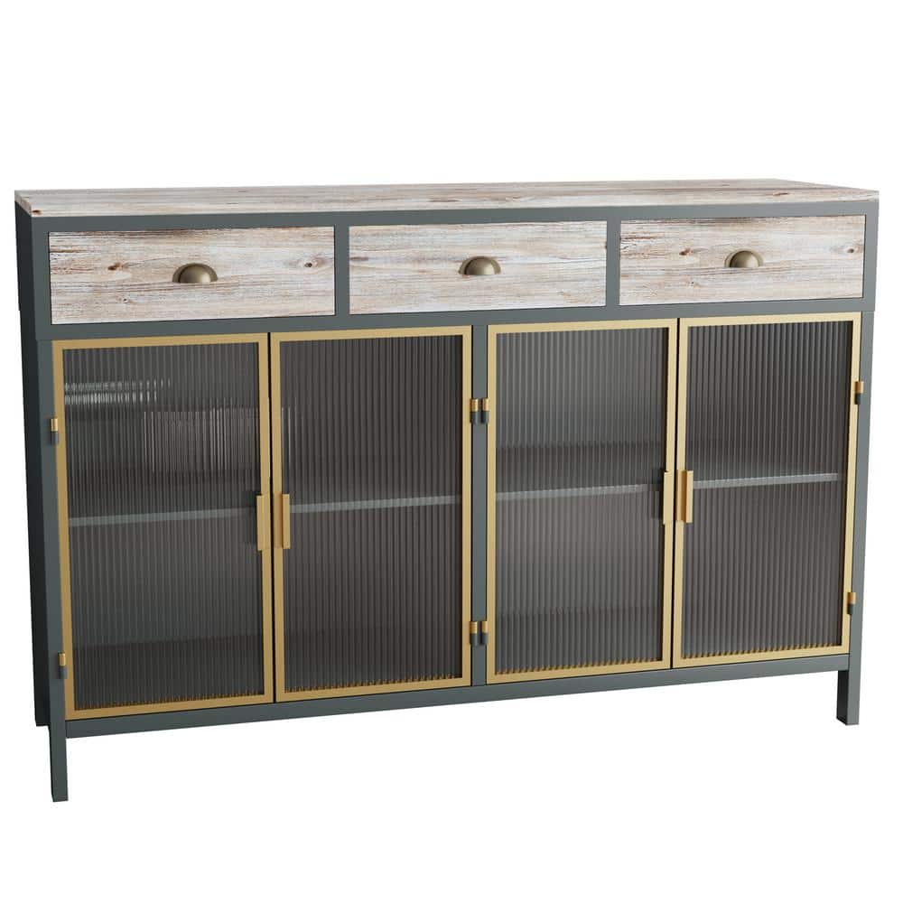 47.6 in. W x 14.1 in. D x 31.9 in. H Dark Gray Wood Linen Cabinet with Sideboard, 4 Glass Doors, 3-Drawers