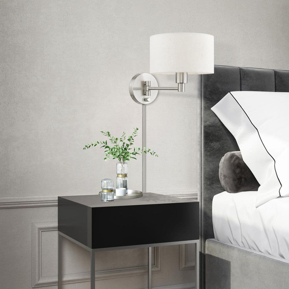 Transitional Brushed Nickel Swing Arm Wall Lamp with Oatmeal Fabric Shade