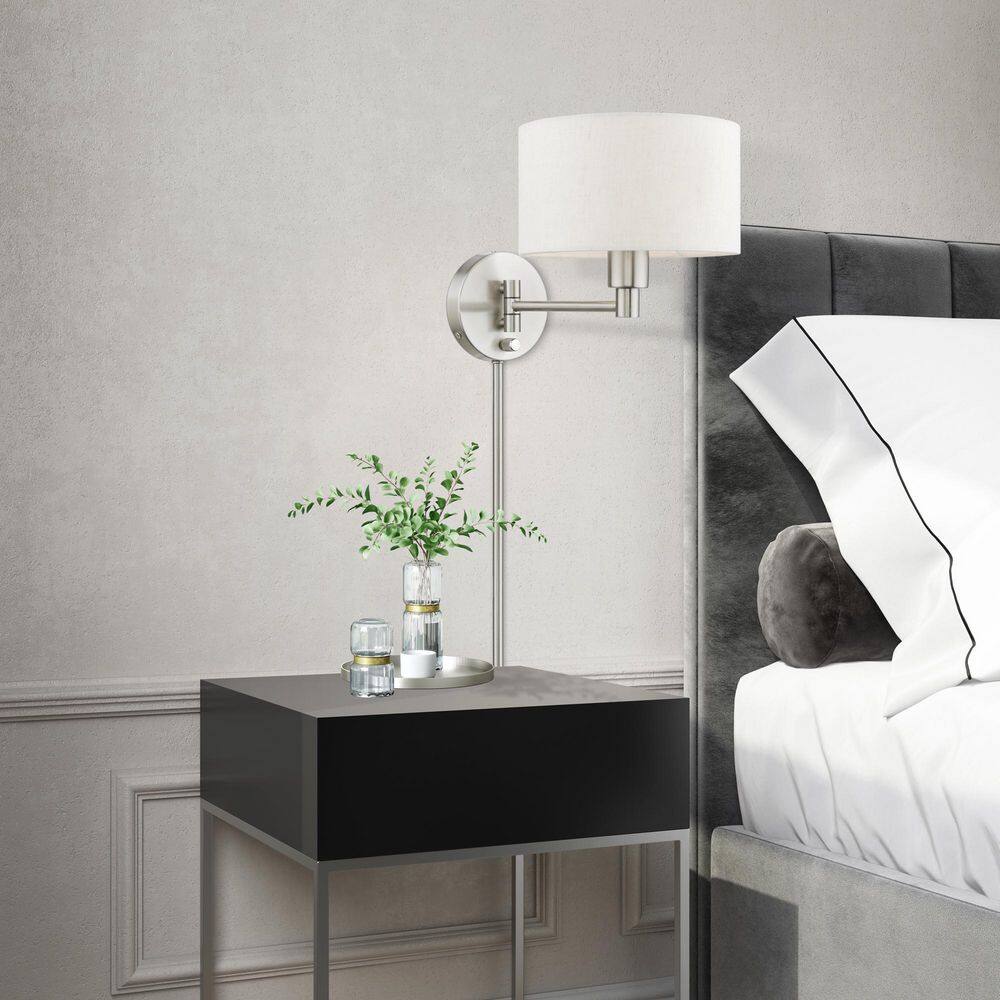 Transitional Brushed Nickel Swing Arm Wall Lamp with Oatmeal Fabric Shade