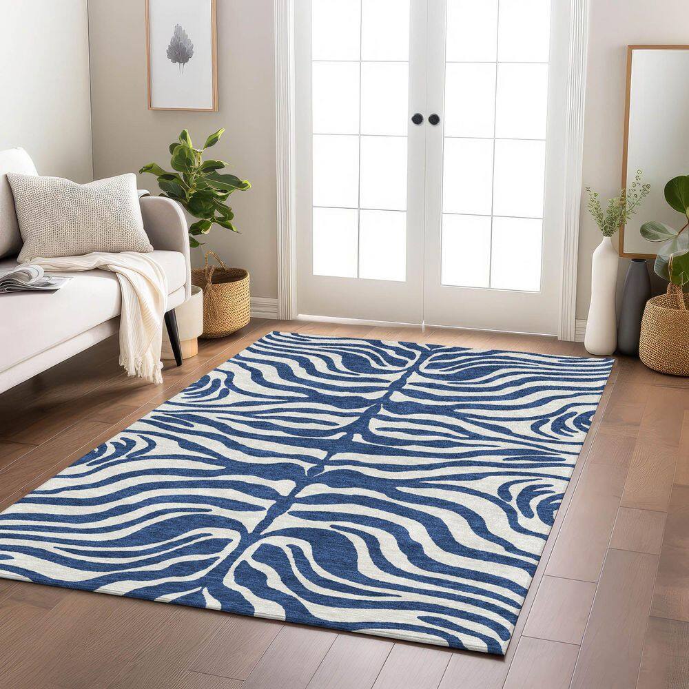 Navy and White Zebra Pattern Washable Synthetic Area Rug