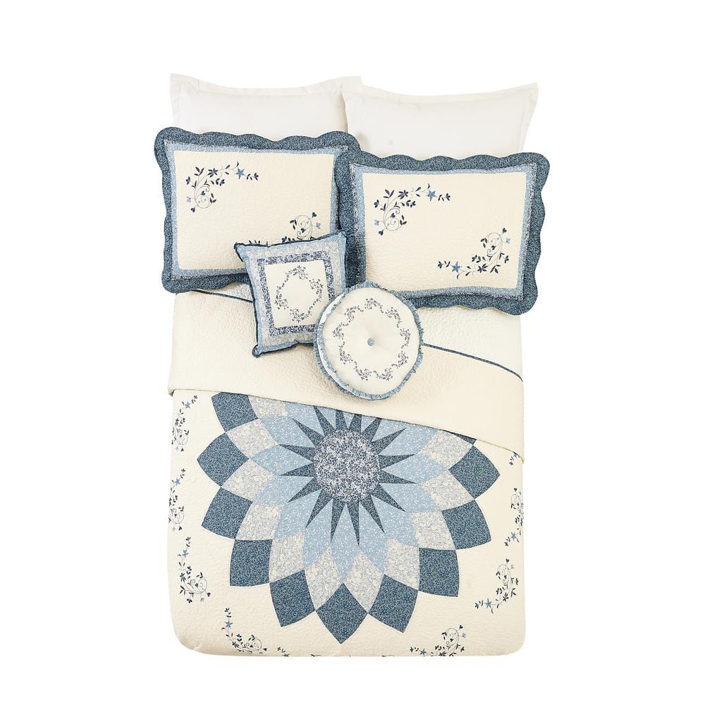Charlotte Blue Cotton Queen Bedspread with Floral Scrolls