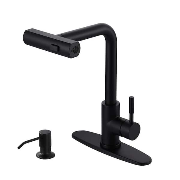 3-Mode Single Handle Waterfall Pull Down Sprayer Kitchen Faucet with soap dispenser in Stainless Steel Matte Black