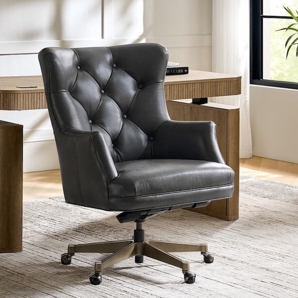 Salvador Genuine Leather Wingback Ergonomic Office Chair in Dark Grey with Non-Adjustable Arms
